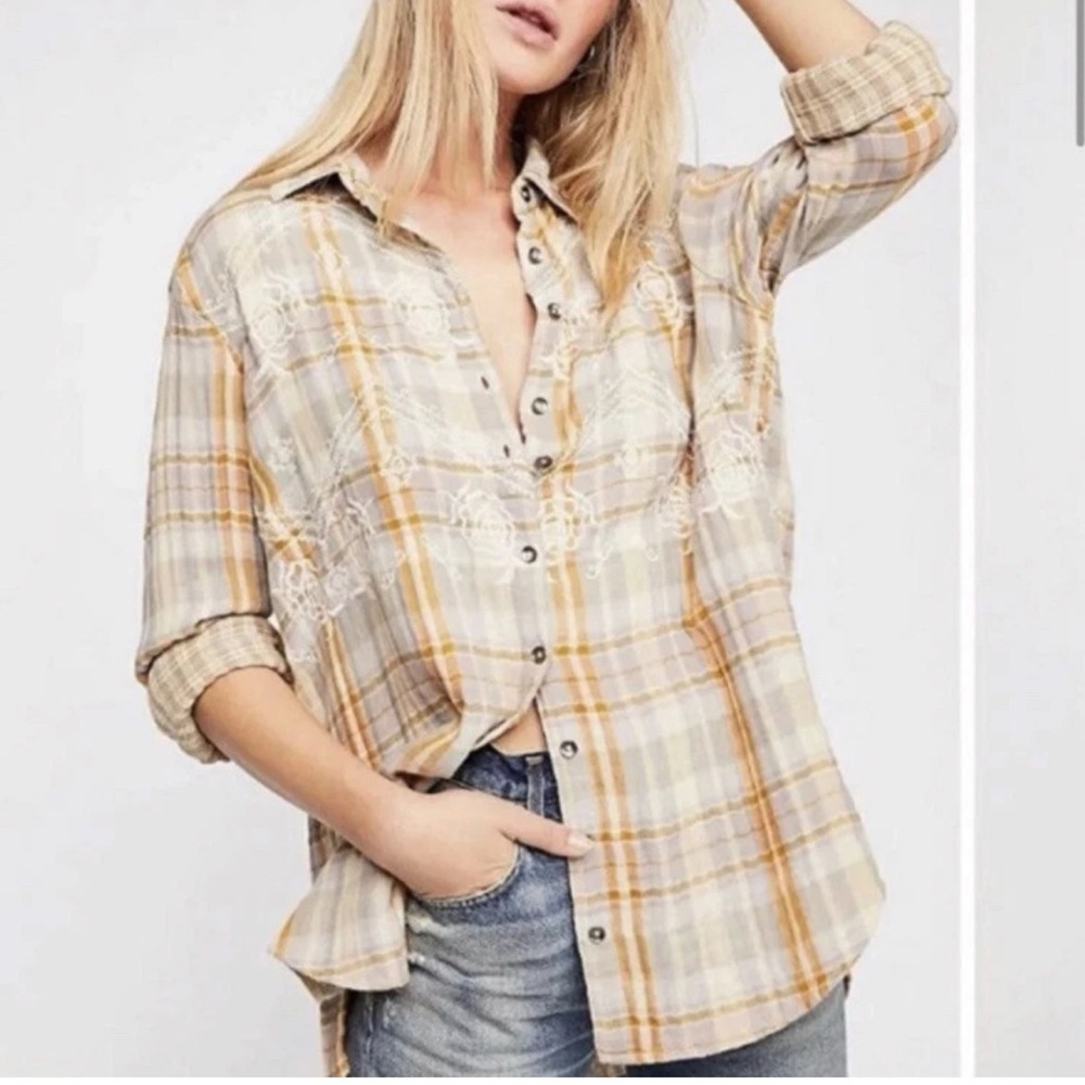 Free People Embroidered Magical Plaid Buttondown Shirt